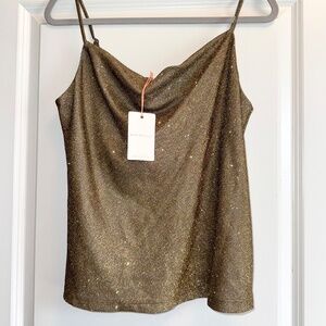 SKIES ARE BLUE LUREX COWL NECK CAMI OLIVE /GOLD Sheen Sequin S NWT